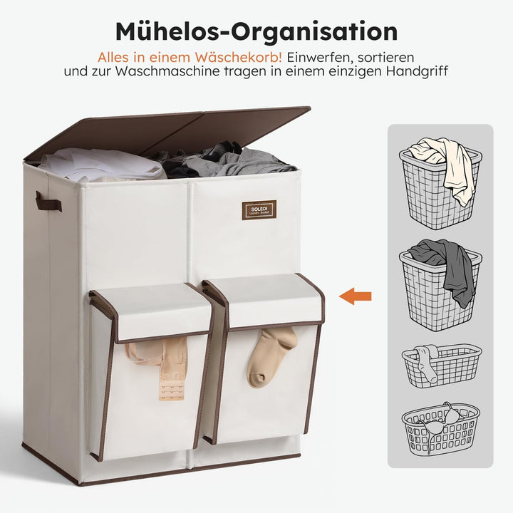 SOLEDI 180L Wäschekorb mit Deckel, Wäschesammler 2 Fächer mit 2 Seitentaschen, Laundr Baskets mit 2