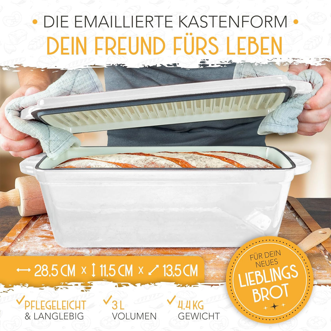 KRUSTENZAUBER Emaille Brotbackfrom mit Deckel inkl. Gärkorb - Robuste 28cm Backform aus Gusseisen -