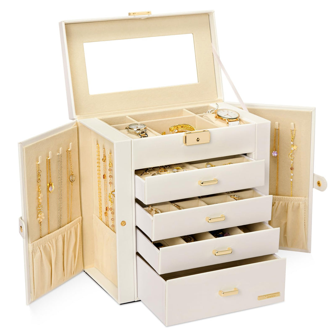 Seelux Schmuckkoffer Schmuckkasten mit fünf Fächern und Seitenklappen Weiss + Gold, Weiss + Gold