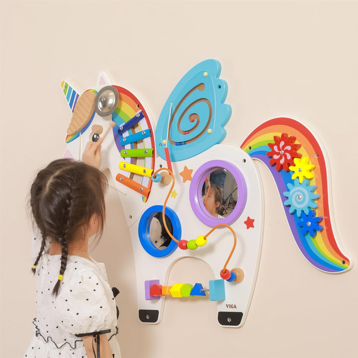 TikTakToo Motorikwand Wandaktivitäts-Spiel Einhorn Montessori Wandtafel Motorikbrett aus Holz