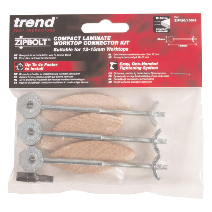 Trend ZIPBOLT Kompaktes Laminat-Arbeitsplatten-Verbindungsset (12–15mm), ZIP/20/100/3 Connector Kit