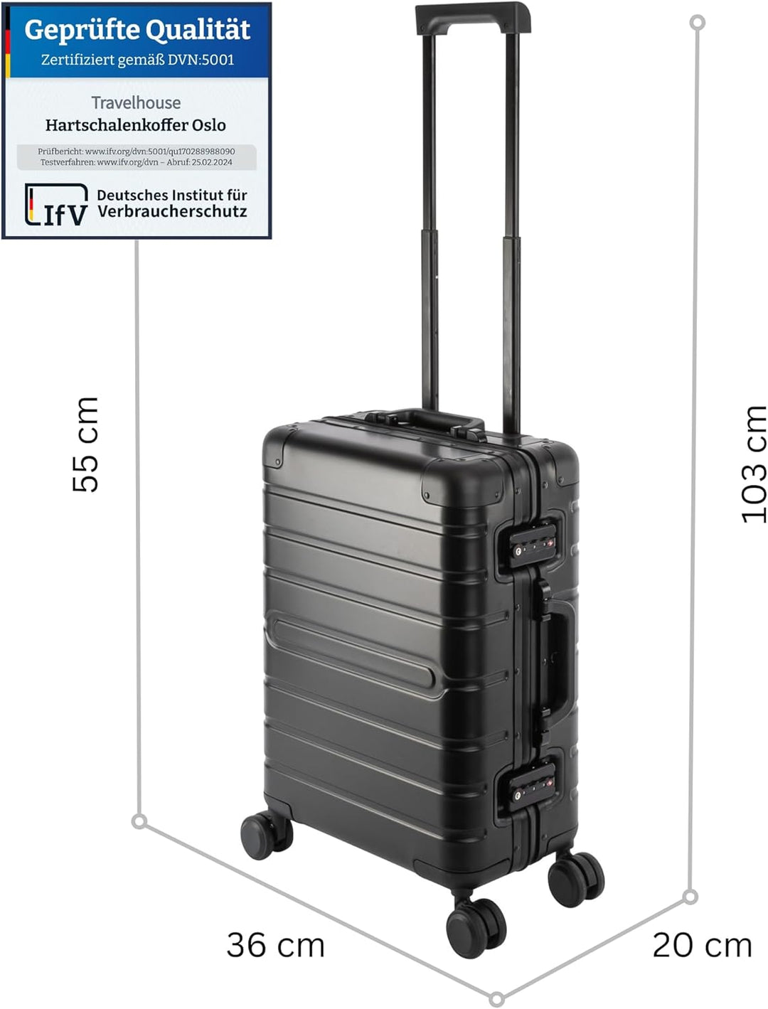 Travelhouse Oslo Alu Reisekoffer Schwarz Bordkoffer Hartschale Reisegepäck Reisetrolley Trolley Hand