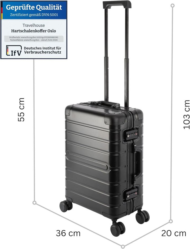 Travelhouse Oslo Alu Reisekoffer Schwarz Bordkoffer Hartschale Reisegepäck Reisetrolley Trolley Hand