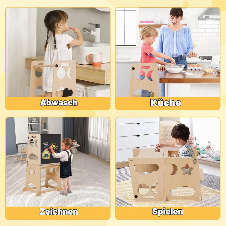 Montessori Lernturm für Kinder, 3 in 1 Learning Tower für Kinder Lernturm Klappbar Tritthocker mit T