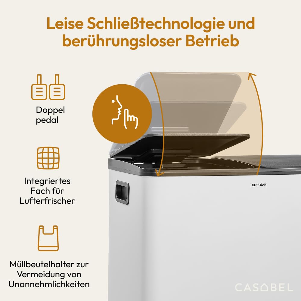 CASABEL Recycling-Mülleimer 60L - 2 x 30 Liter, Doppelfächer 2x30L, weisser Edelstahl, rechteckiger