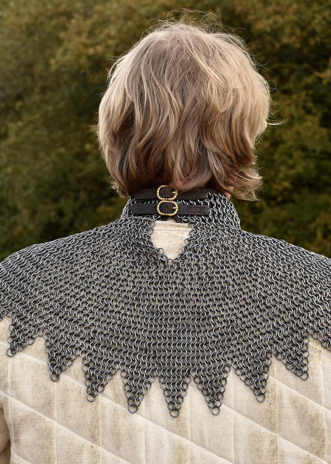 Ulfberth Bischofskragen aus Federstahlringen, Kettenkragen mit Lederriemen und Schnallen