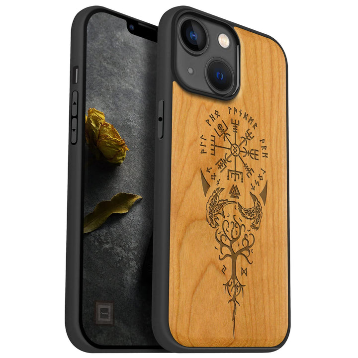 Carveit Magnetisch Hülle für iPhone 14 [Elegante Kirschholz] [Weich TPU Stossstange] Stossfeste Hand