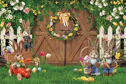 Renaiss 3x2.5m Frühling Ostern Hintergrund für Fotografie Holz Tür Gras Blumen Ostereier Hase Hinter