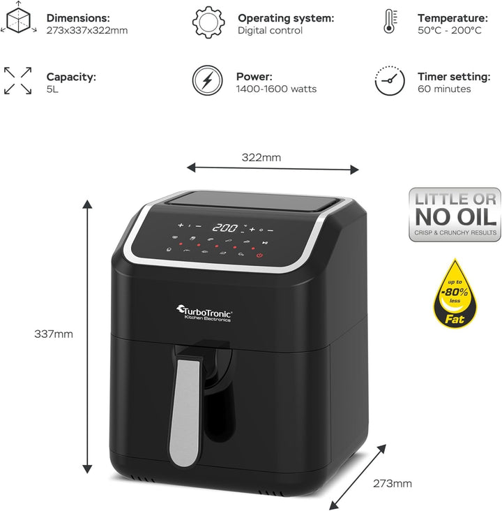 Heissluftfritteuse XL, 5 Liter - AF12 - digitale XL Heissluftfritteuse, 10 Programme, Airfryer, Frit