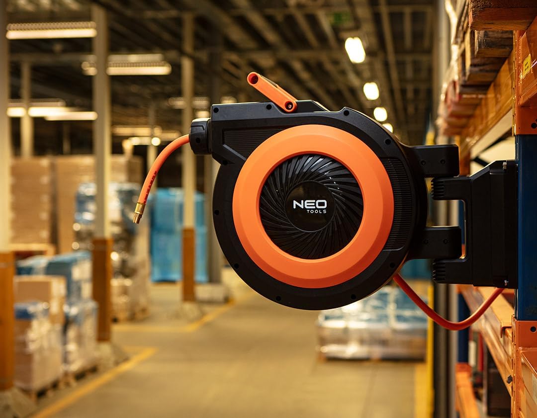 NEO TOOLS Automatik Schlauchtrommel Schlauchlänge 15m (20 Bar max. Arbeitsdruck) | Druckluftschlauch