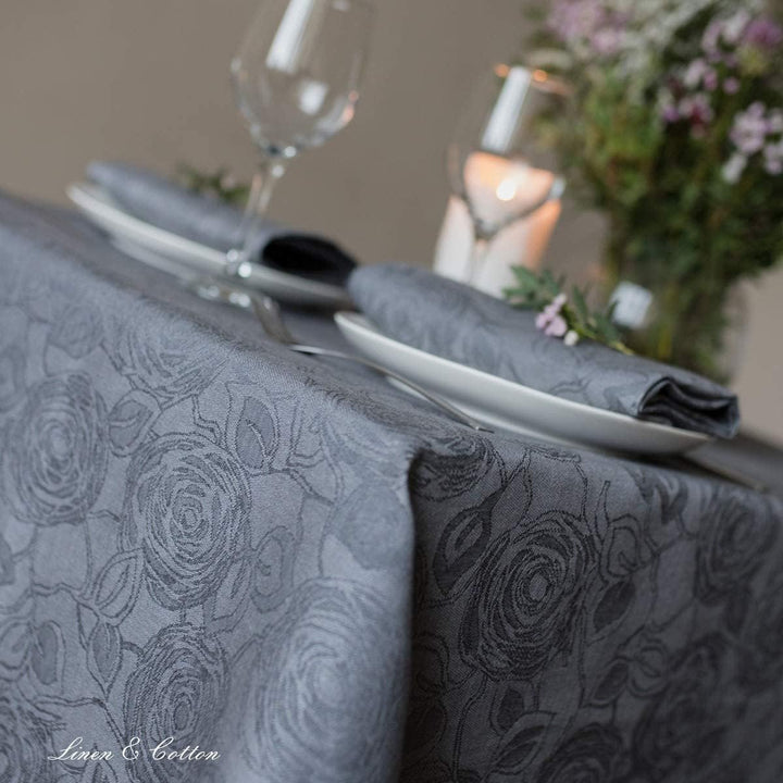 Linen & Cotton Jacquard Tischdecke Tischtuch Tischwäsche Roseus Damast Muster - 100% Leinen, Grau (1