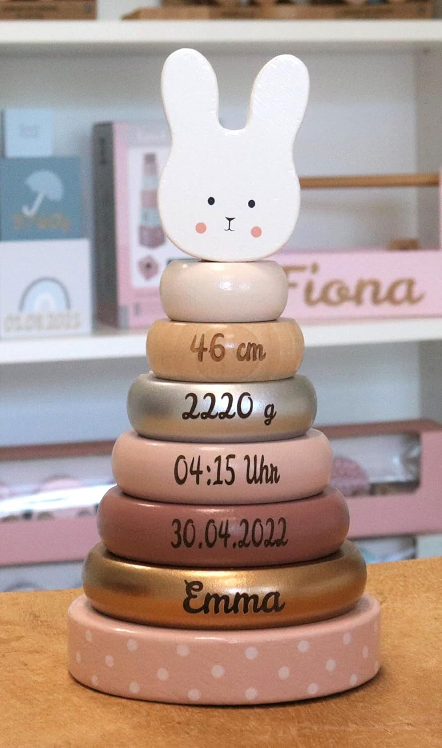 Elefantasie Stapelturm aus Holz Hase personalisierbar mit Name und Geburtsdaten Baby Geschenk mit Gr