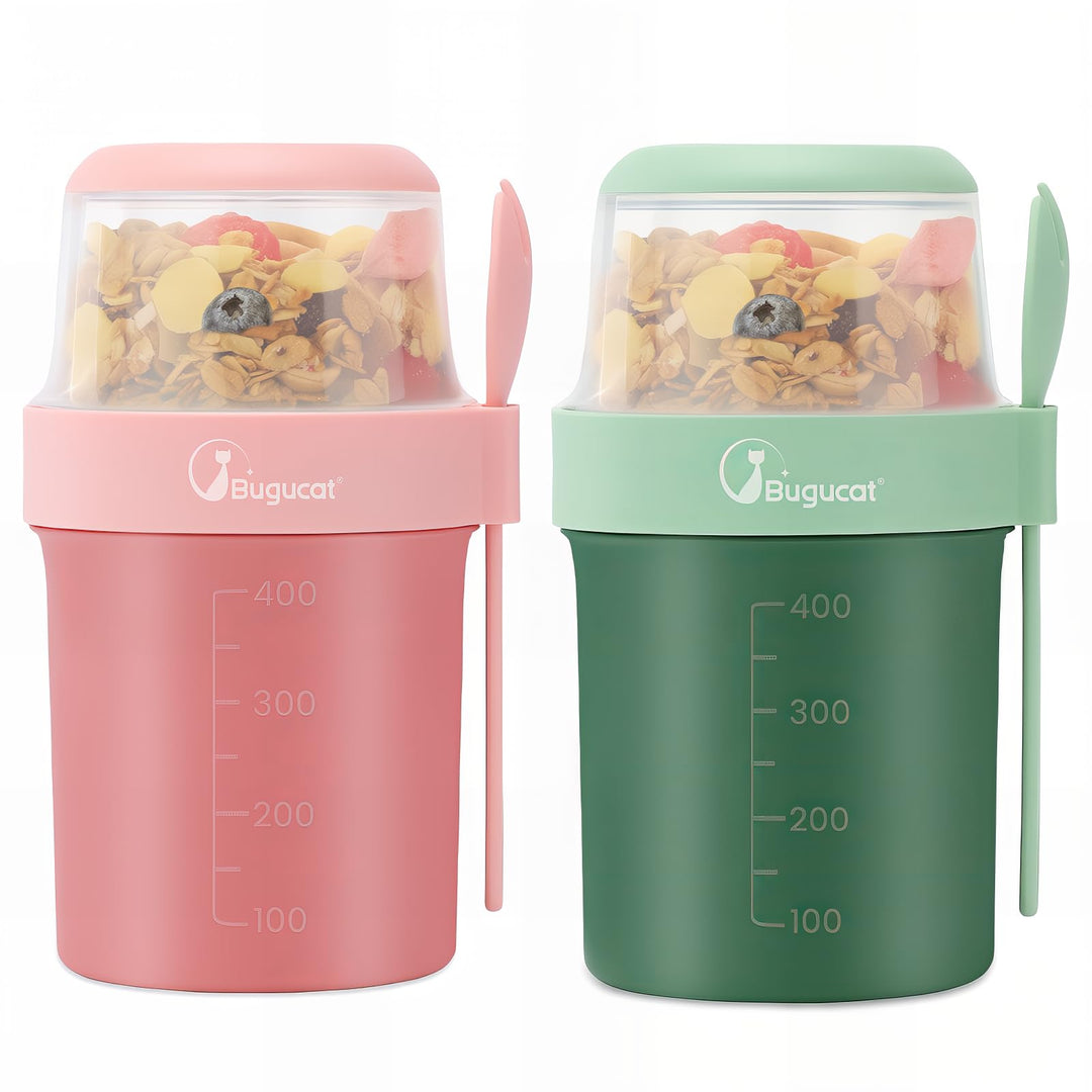 Bugucat 2in1 Müslibecher to Go 560ml+310ml, Praktischer Joghurtbecher & Müslibecher für Picknick 2er