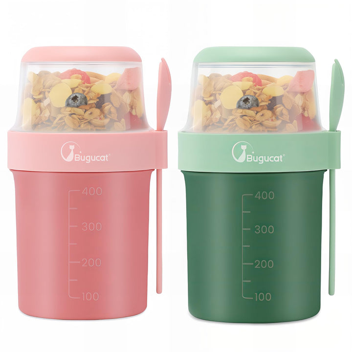Bugucat 2in1 Müslibecher to Go 560ml+310ml, Praktischer Joghurtbecher & Müslibecher für Picknick 2er