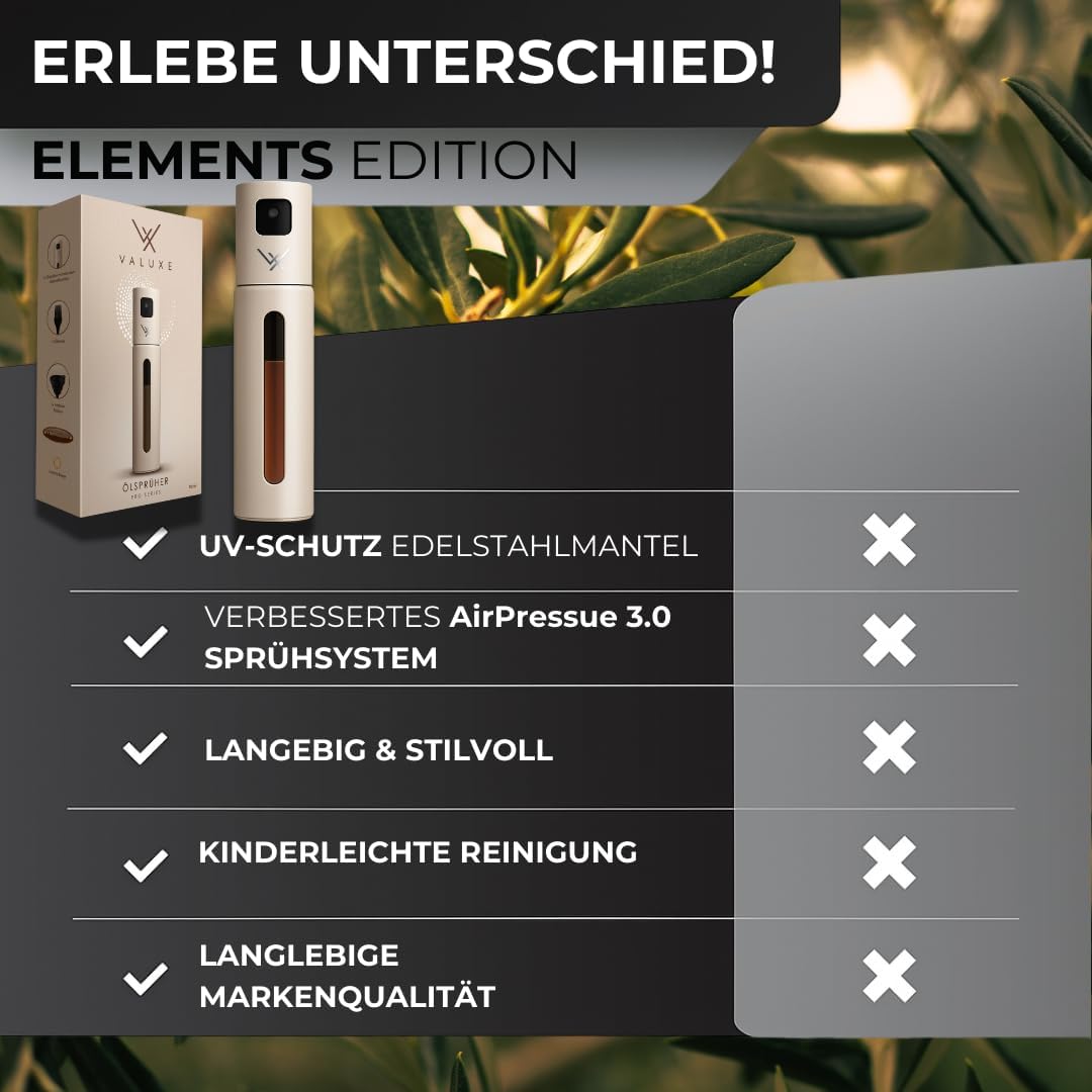 VALUXE® Ölsprüher für Speiseöl & Essig mit UV-Edelstahlmantel & Sprühfilter - Edelstahl Öl-Sprühflas