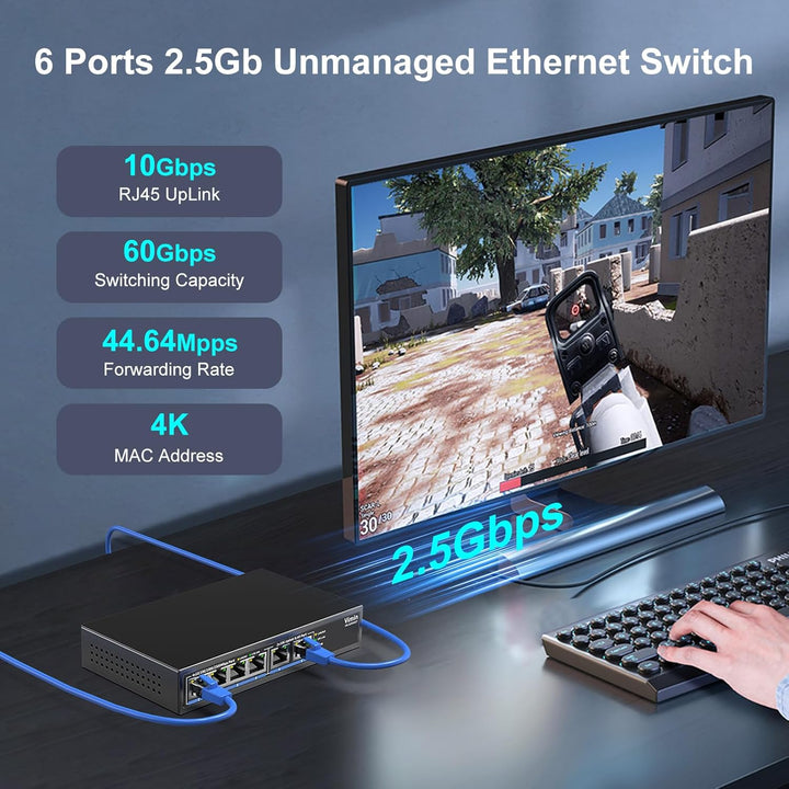 10Gb Unmanaged Switch mit 4*2.5G Base-T Ports, 2*10G RJ45 Ports,4 Port 2.5Gb Netzwerk Switch, 60 Gbi
