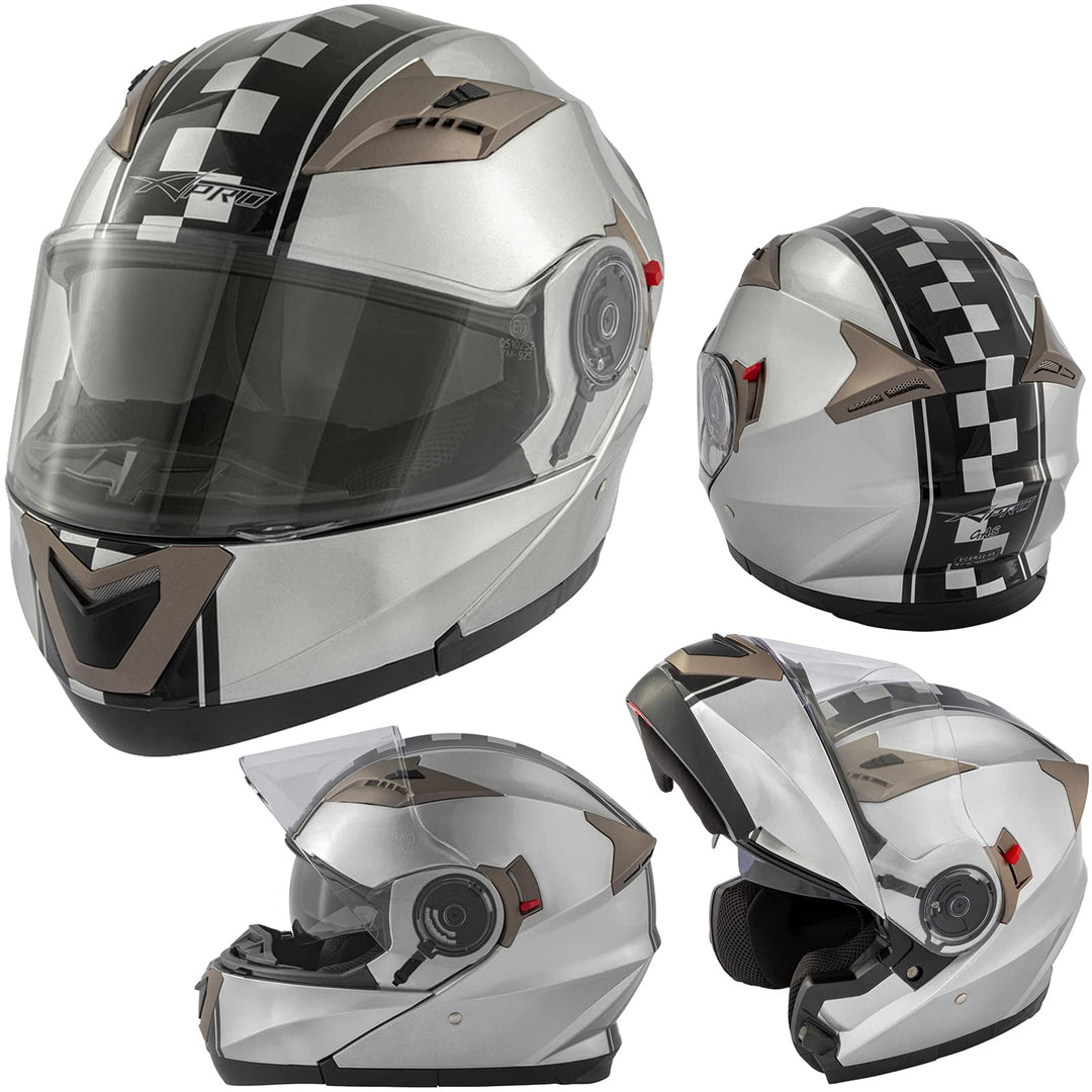 A-Pro Motorradhelm Klapphelm Doppelvisier Grafik Touring ECE 22 Genehmigt Silber XS 53-54 cm ( XS) S