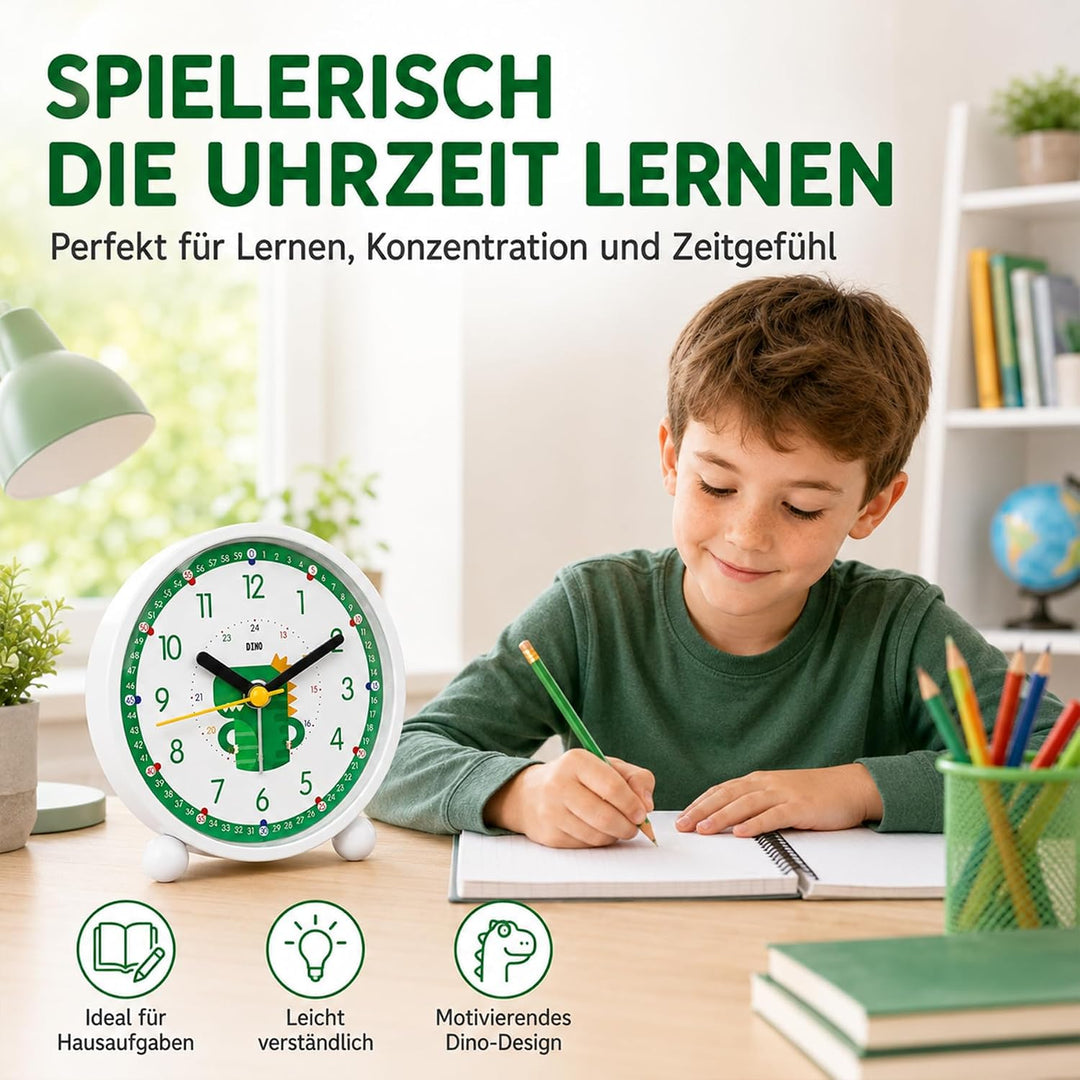 Sunshine Smile Dinosaurier Wecker mit Nachtlicht, Analog ohne Ticken, Lernwecker ohne Ticken, E-grün