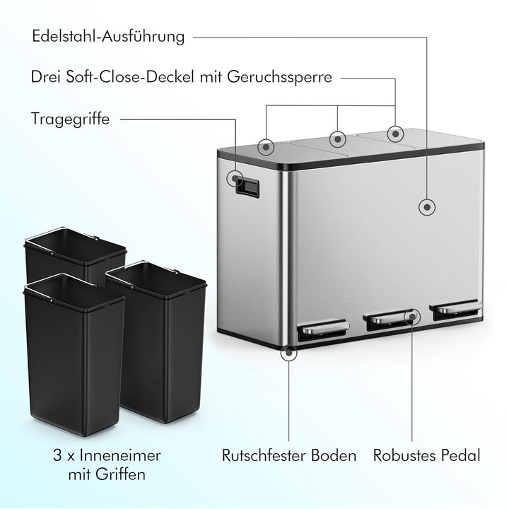 VonHaus Mülleimer Küche 3 Fächer, 45L Recycling Mülltrennsystem – Abfalleimer Biomüll, Rutschfester