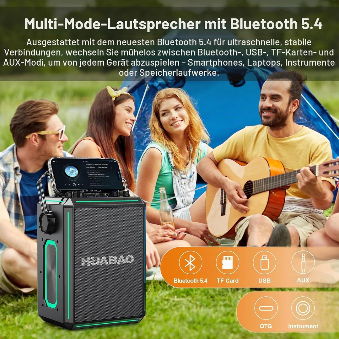 Tragbarer Bluetooth-Karaoke-Lautsprecher mit 2 kabellosen Mikrofonen, RGB-Beleuchtung, Höhen- und Ba