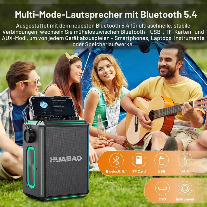 Tragbarer Bluetooth-Karaoke-Lautsprecher mit 2 kabellosen Mikrofonen, RGB-Beleuchtung, Höhen- und Ba