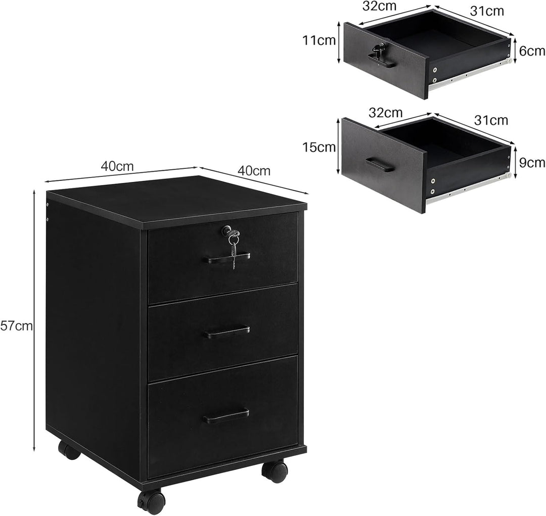 CLIPOP Rollcontainer Abschliessbare mit 3 Schubladen,Mobiler Aktenschrank Büroschrank mit Rollen,Unt