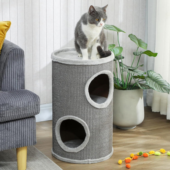 PawHut Kratztonne, 60 cm Hoch Ø 35 cm zweistöckige Katzentonne mit 2 Höhle, Kratzbaum mit Plüschrand