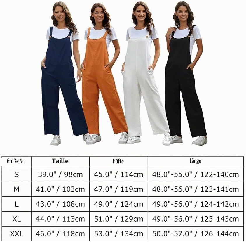 Latzhose Damen Sommer Locker Lang Weite Hose Overall Jumpsuit mit Taschen L Schwarz, L Schwarz