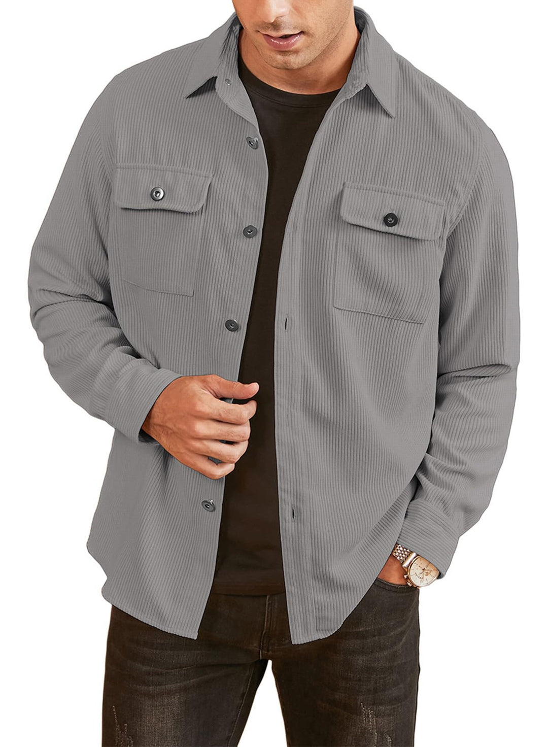 Herren Hemd Cord Langarm Freizeithemd Männer Jacke Regular Fit Button Up Hemdjacke Mit Klappentasche