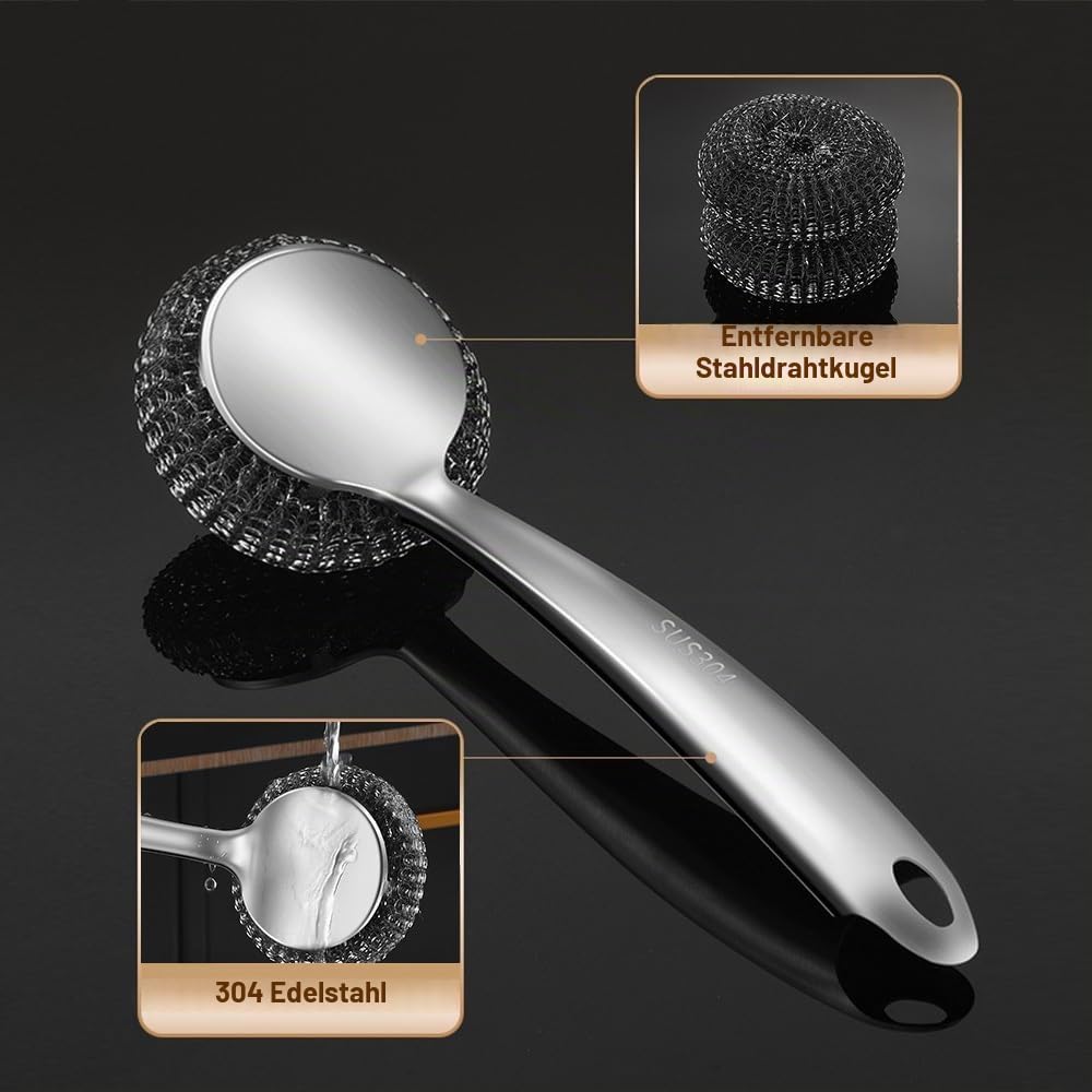 Drahtschwamm Set mit Langem Griff, 5-teilig Schrubber aus Stahlwolle, Topfreiniger aus Metalldraht f