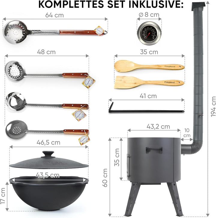 Gusseisen Kazan 16 L Kasan Казан mit Feuerofen Utschak Ø 44 cm flacher Boden Verlängerungsrohr Schöp