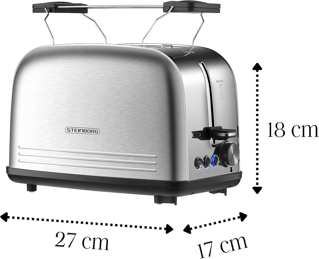 Edelstahl Toaster mit Brötchenaufsatz | Toaster 2 Scheiben | Doppelschlitz Toaster | 7 Stufen | 4 Fu