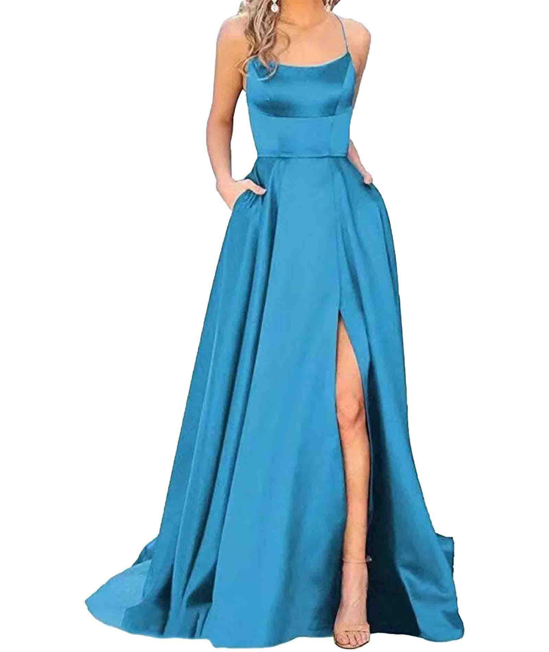 xxxiticat Damen Elegant Lange Ballkleider mit Taschen Satin A-Linie Backless Hochzeitskleid Abendkle