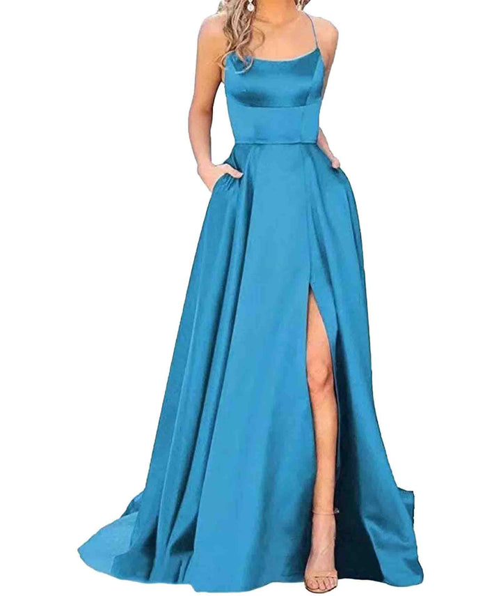 xxxiticat Damen Elegant Lange Ballkleider mit Taschen Satin A-Linie Backless Hochzeitskleid Abendkle