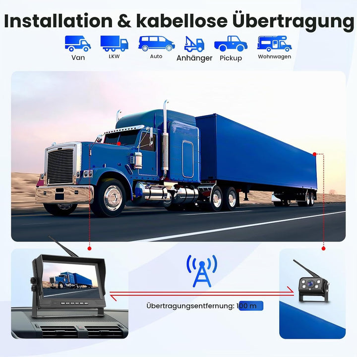 Hodozzy Rückfahrkamera Kabellos Set, 9 Zoll IPS Monitor mit Toter-Winkel-Warnung, Wasserdicht, Weitw