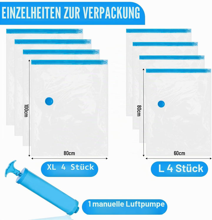 8er Set Vakuumbeutel für Bettdecken, 4 Jumbo 100x80cm + 4 Gross 80x60cm - 80% Platz Sparen, Vakuumbe
