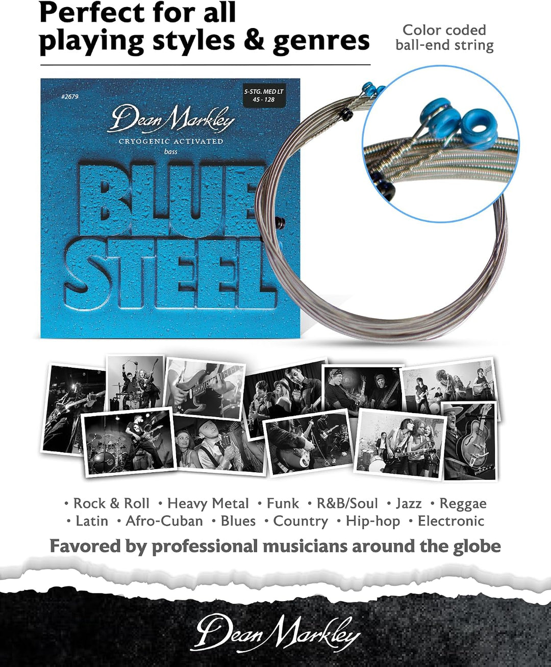 Dean Markley 2679 Blue Steel Saiten für Bassgitarren, Stärke ML .045-.128, 5 Stück, Blue Steel Bass