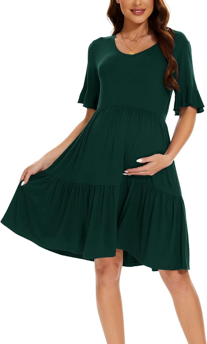 Smallshow Damen Umstandskleid Kurzarm Sommer Schwangerschafts Umstandsmode Kleid L Dunkel Grünen, L