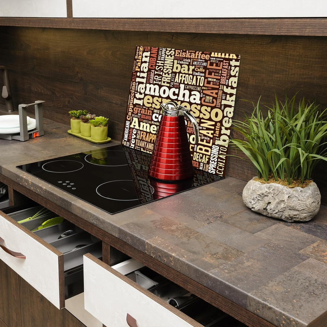 SmartDecoration Herdabdeckplatte Ceranfeldabdeckung aus Glas 60x52 cm Einteilig Motiv "Kaffee" Bronz