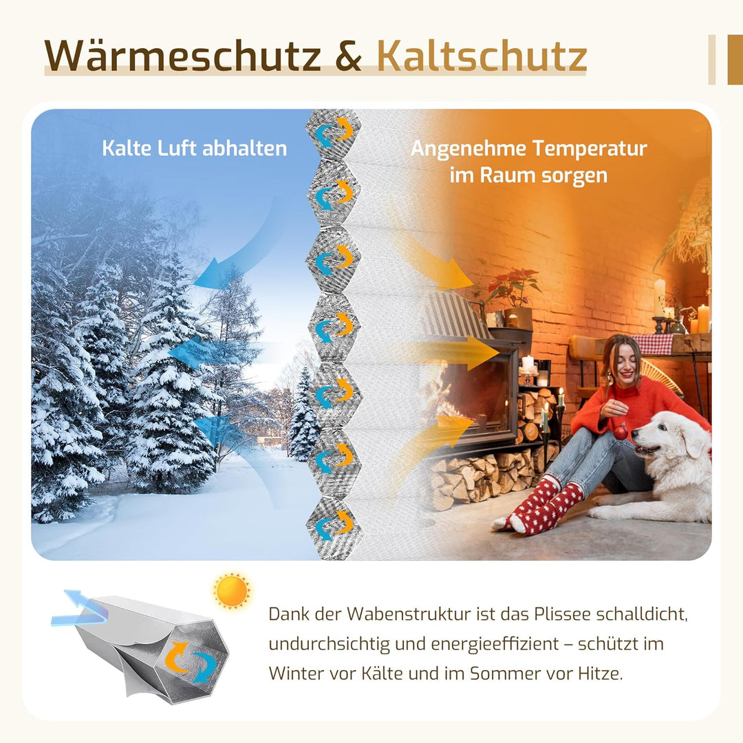 Grandekor Verdunklungsplissee Wabenplissee ohne Bohren Weiss-Weiss 40x110cm (BxH) Klemmfix Plissee o