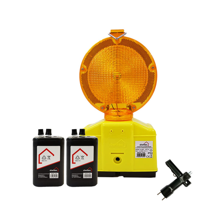 1 x siwitec LED Baustellenleuchte gelb inkl. 2 x Blockbatterien Typ 4R25 6V 7Ah, LED Warnleuchte für