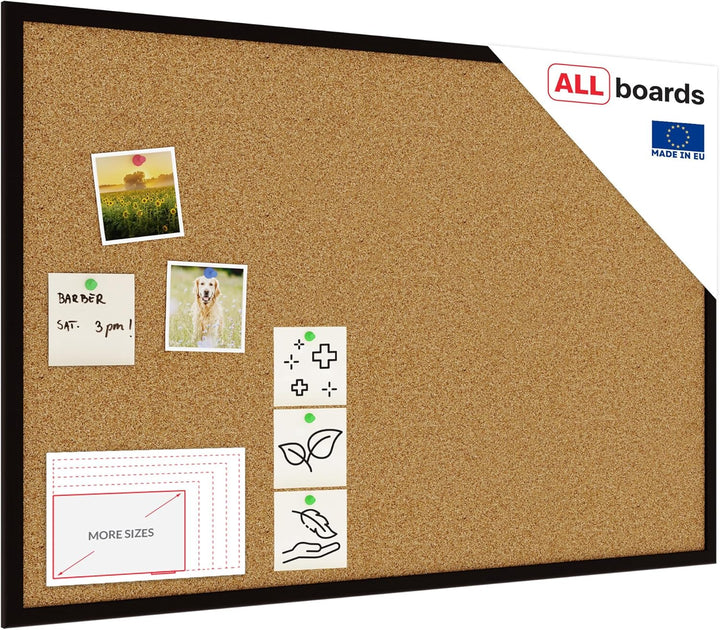 ALLboards Pinnwand mit Schwarzer Holz Rahmen 90x60cm Korktafel Korkwand Pinnwand Kork Farbiger Natur