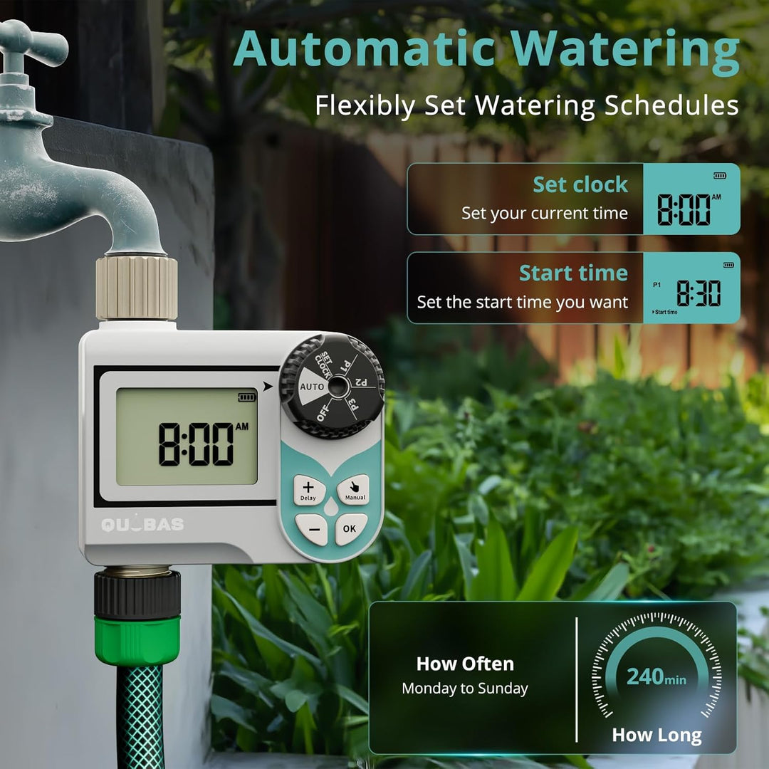 QUOBAS Niederdruck-Wasser-Timer, wöchentlich programmierbarer Sprinkler-Timer mit Messingeinlass & -