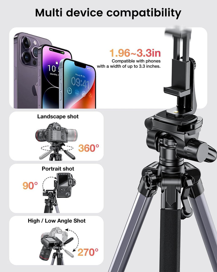 CAMBOFOTO Camera Tripod, 188cm Lightweight Aluminum Travel Tripod, Adjustable Stand with Pan Head, 1