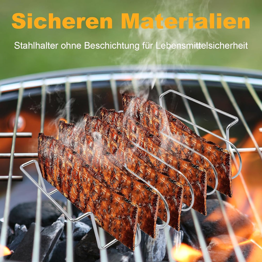 Edelstahl Rippchenhalter, Vielseitiger Halter für 5 Spare Ribs, Geschirrspülerfest für Gas- und Holz