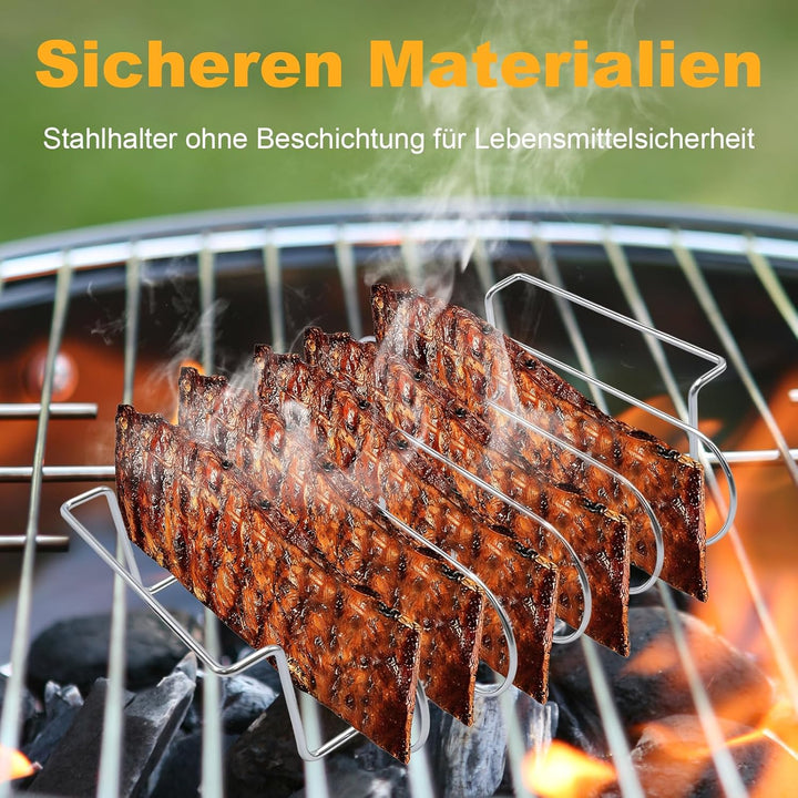 Edelstahl Rippchenhalter, Vielseitiger Halter für 5 Spare Ribs, Geschirrspülerfest für Gas- und Holz
