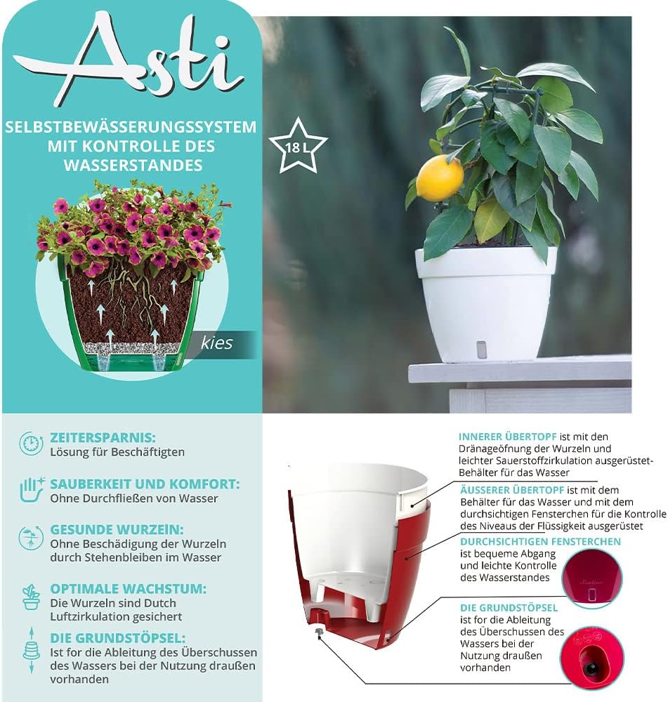 Santino ASTI 3er Set 34CM Selbstwässernder Blumentopf mit Wasserstandsanzeiger für Anlagen, Blumen,