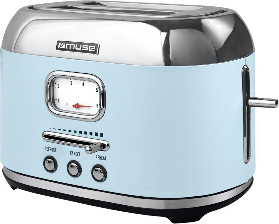 Muse Retro Toaster, 2 Scheiben, 6 Bräunungsstufen, analoge Anzeige, beleuchtete Tasten, Krümelschubl