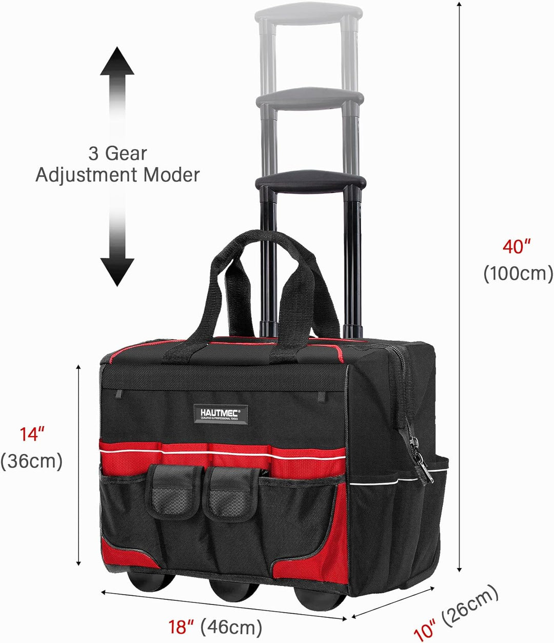 HAUTMEC Professionelle 18-Zoll (46cm) Rollwerkzeugtasche mit breiter Öffnung, Aufbewahrungstasche mi