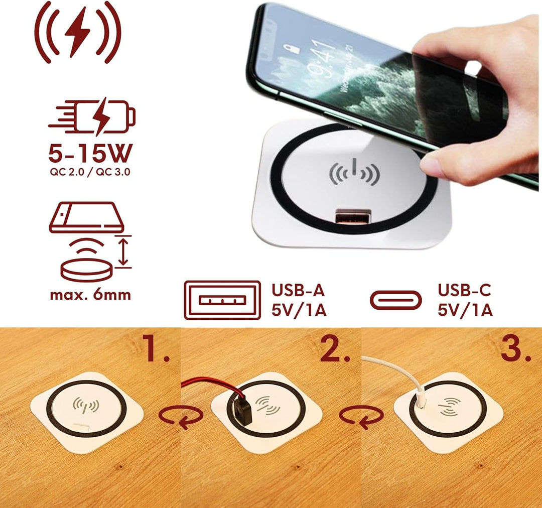 kalb | QI Einbau Schnellladegerät 15W weiss 7,5cm Ø - Smart Wireless USB Charger, USB-Port, USB-C Po